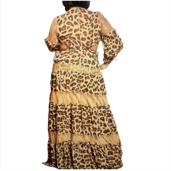 Rosevelvet EUC Leopard cut out lace sheer ruffle maxi dress 2X brown tan - Picture 3 of 17